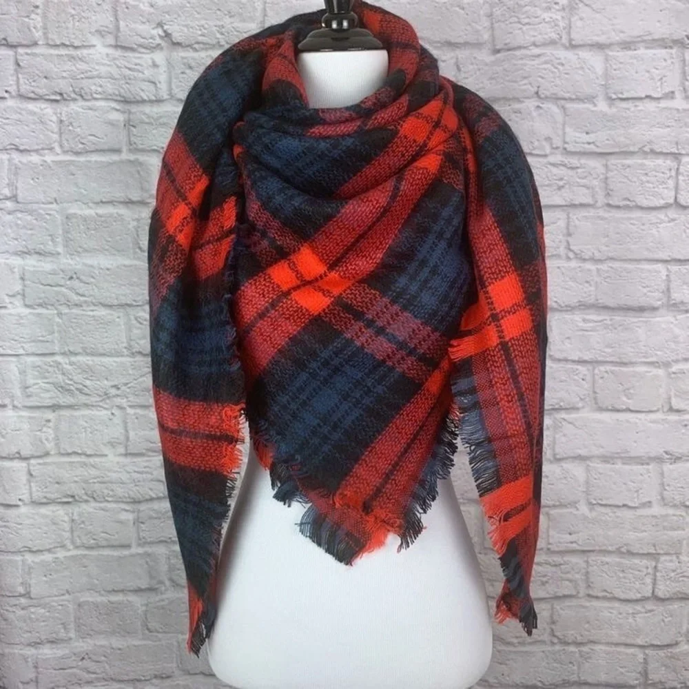Red, blue & black flannel oversized blanket scarf